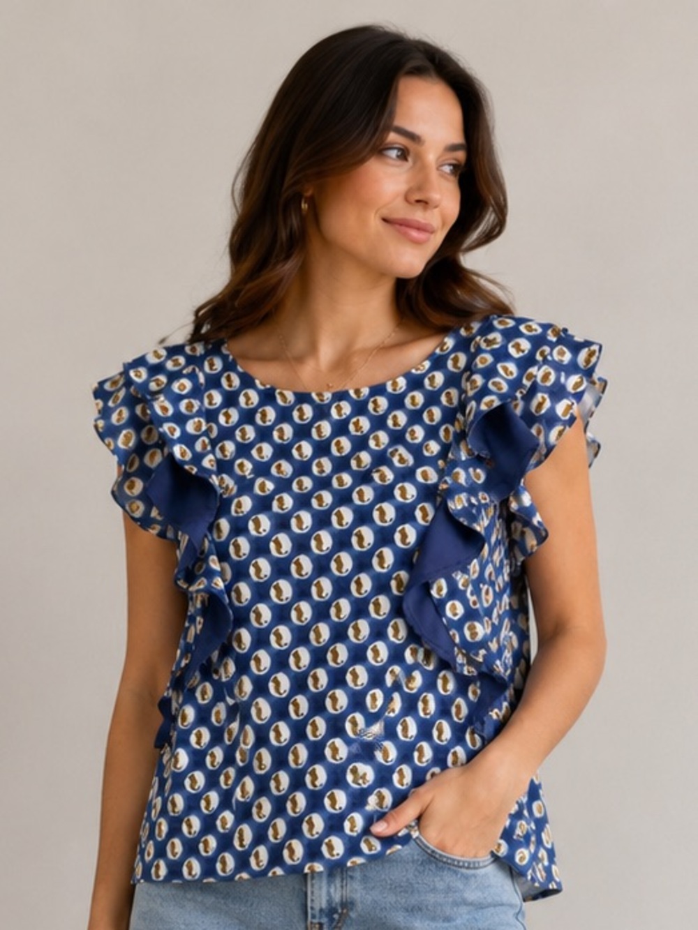 Wallflower Navy Blue Printed Ruffle Sleeve Top